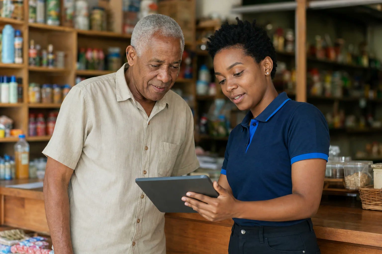 Empresário local e profissional da Mokili analisando informações em um tablet