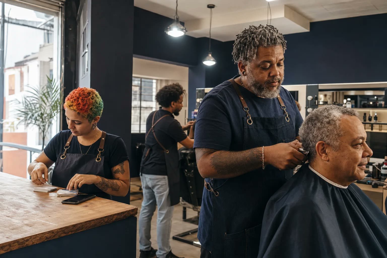 Barbeiro atendendo um cliente em uma barbearia brasileira organizada