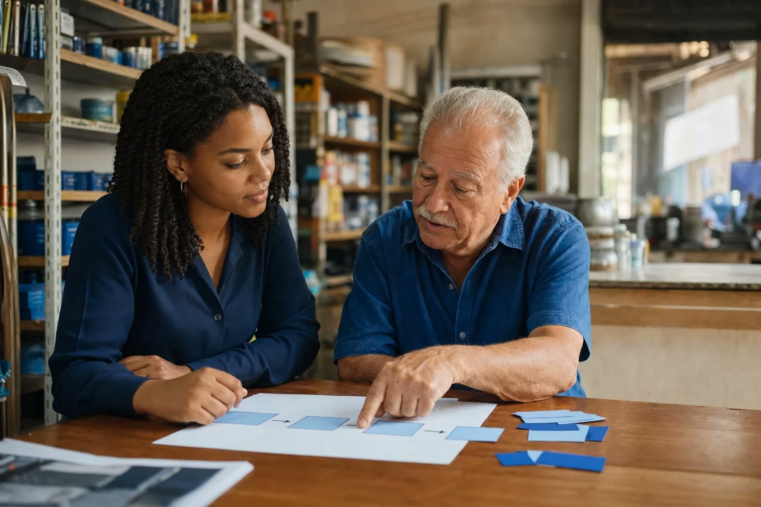 Consultora e responsável por um negócio analisando um fluxo de trabalho