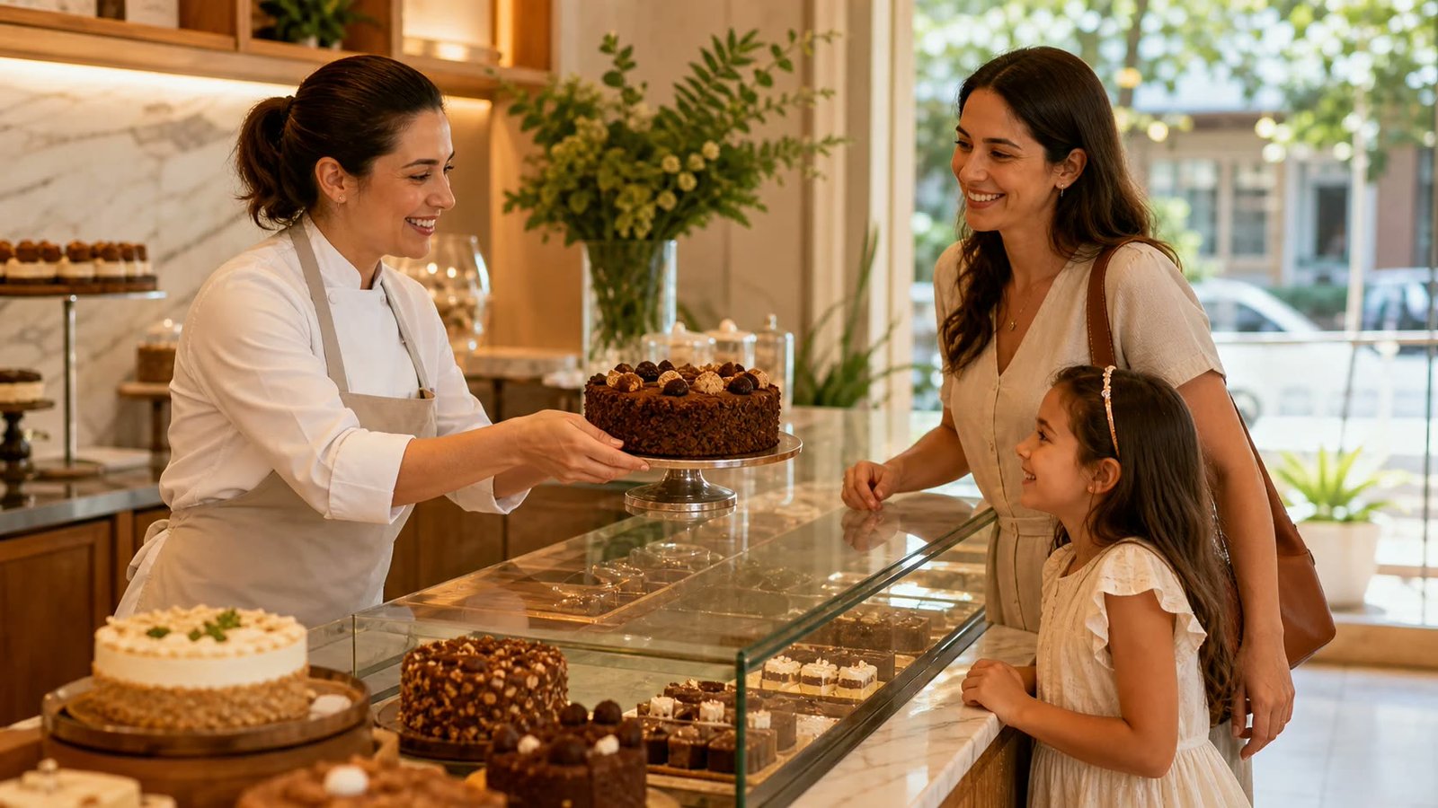 Confeiteira atendendo uma cliente acompanhada da filha em uma confeitaria brasileira contemporânea