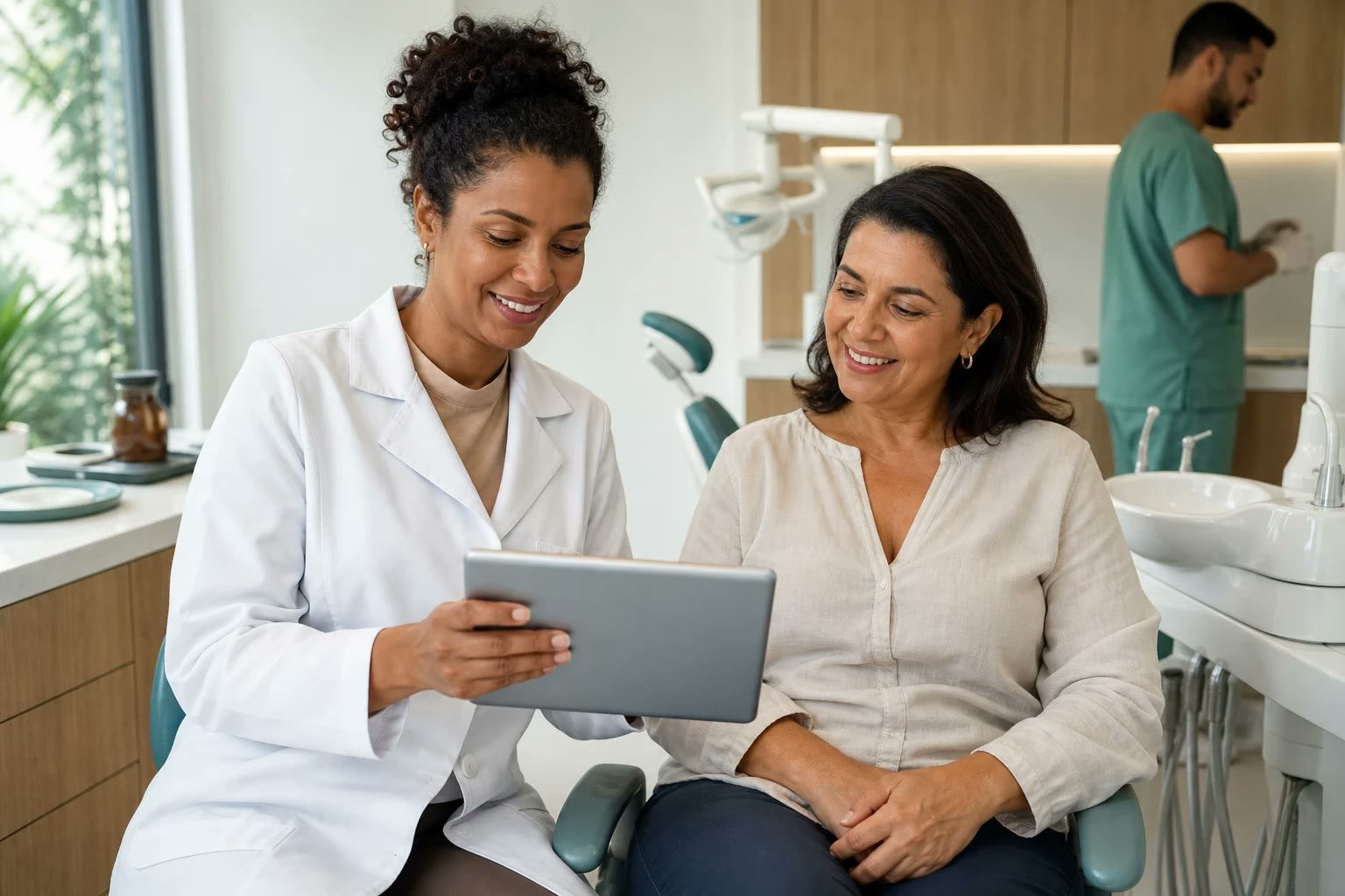 Dentista conversando com paciente em uma clínica odontológica brasileira contemporânea