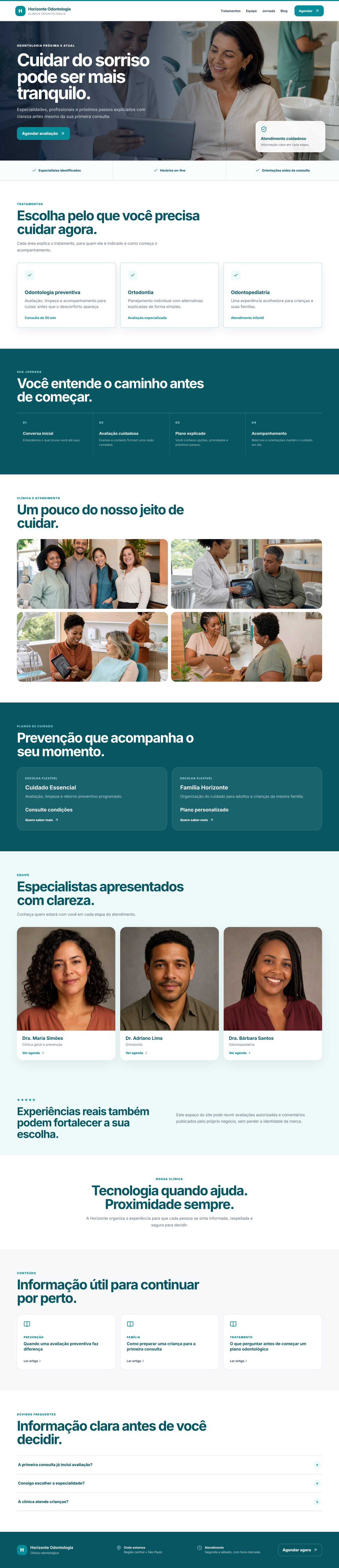 Site completo configurado da clínica fictícia Horizonte Odontologia, do cabeçalho ao rodapé, com tratamentos, jornada do paciente, galeria, planos, equipe, conteúdo, dúvidas, contato e agendamento