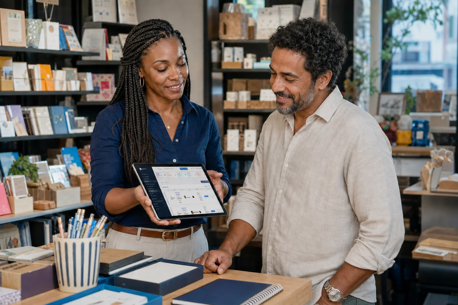 Empreendedora brasileira usando o celular no próprio negócio local