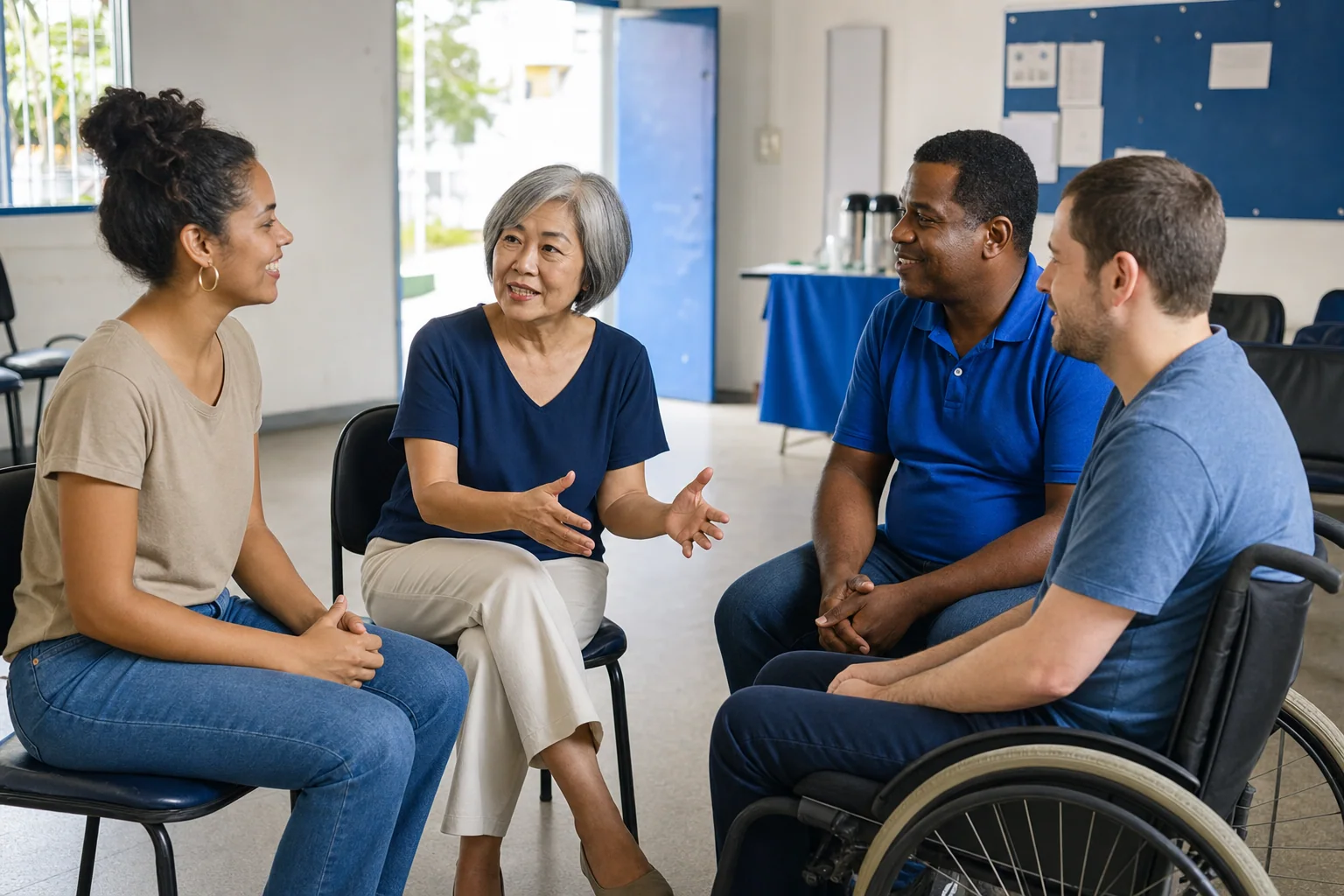 Liderança local conversando com empreendedores brasileiros em uma reunião comunitária