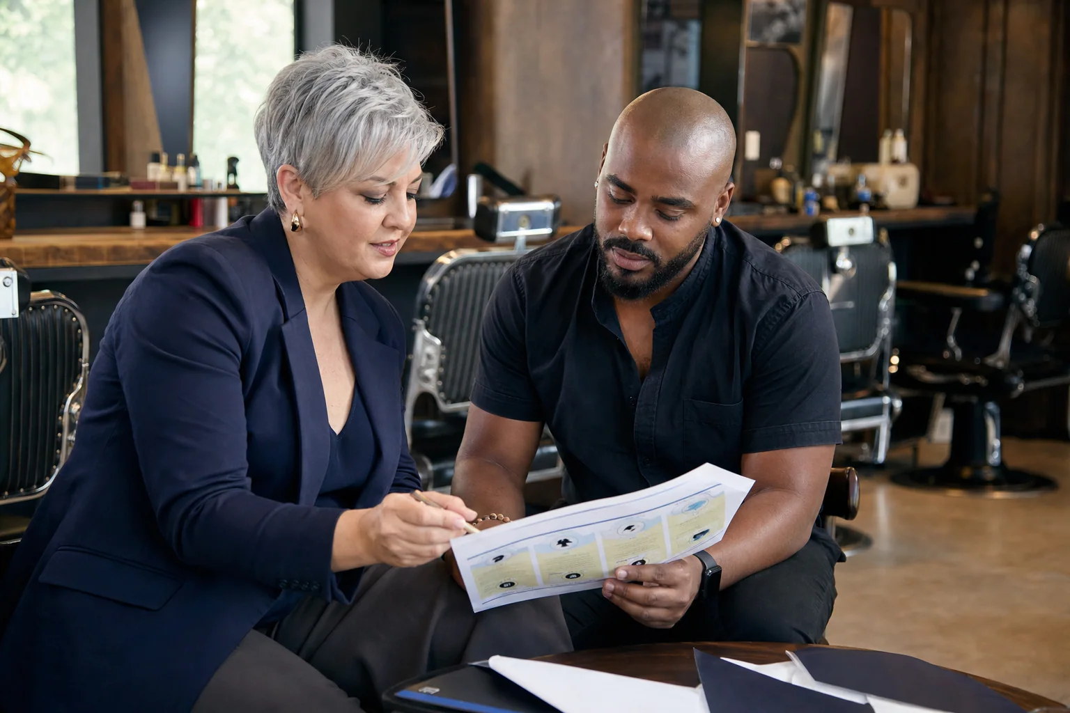 Consultora brasileira conversando com o proprietário de uma barbearia sobre necessidades do negócio
