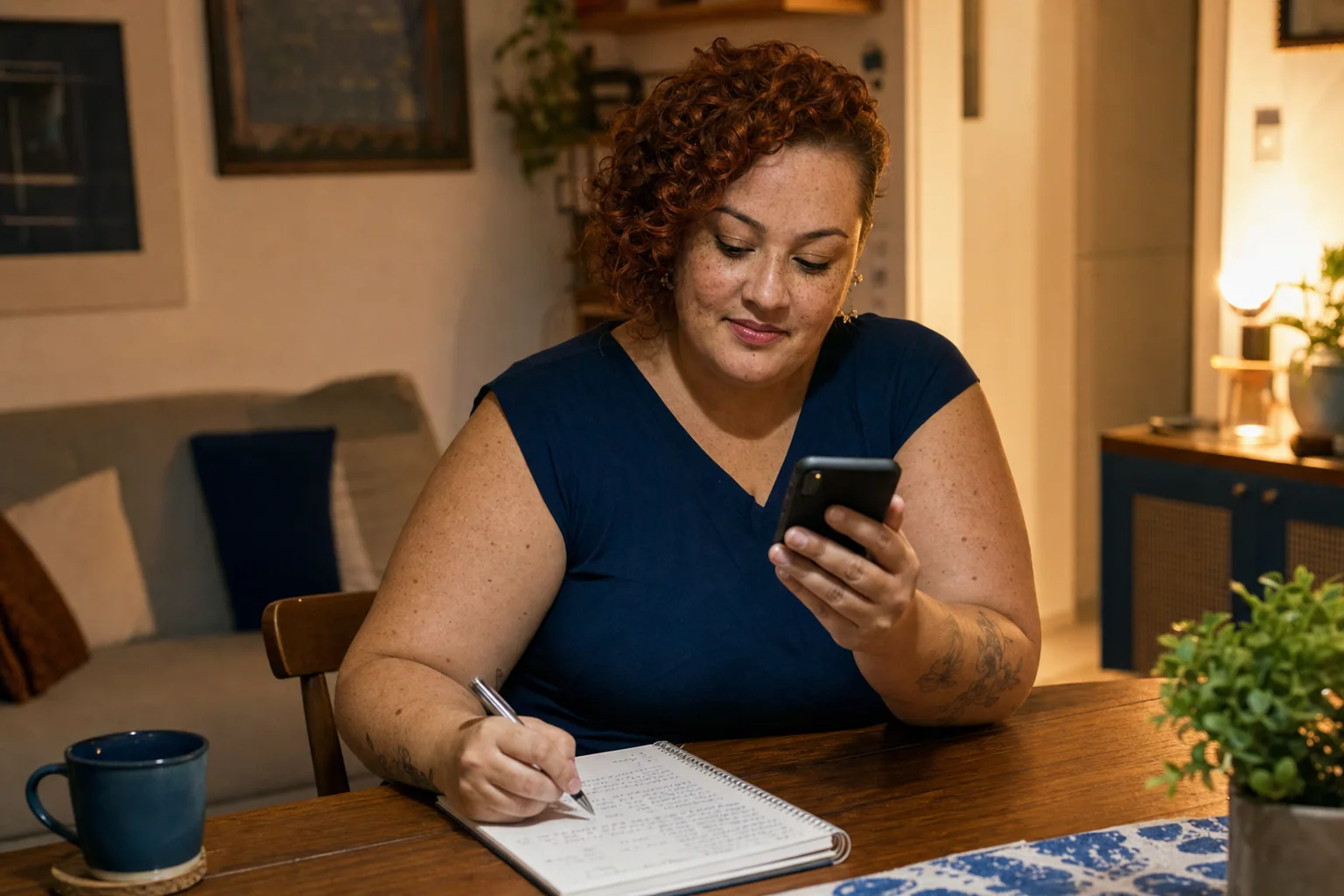 Profissional brasileira organizando contatos pelo celular para construir uma renda extra com indicações