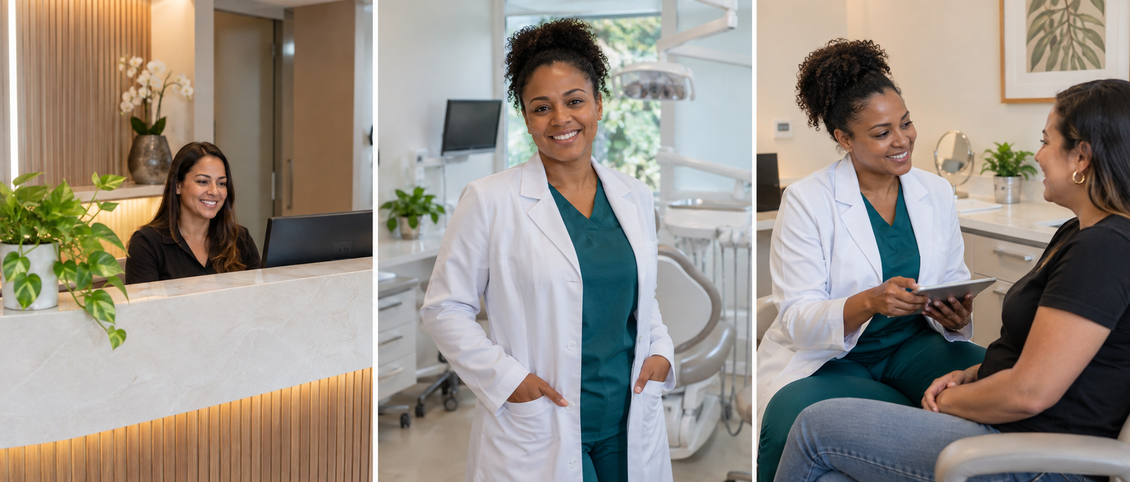 Galeria de uma clínica odontológica com recepção, dentista e paciente