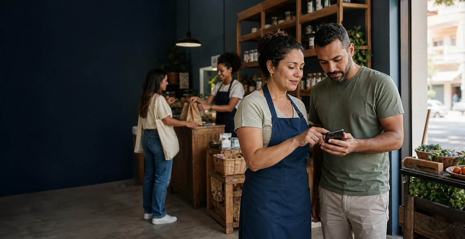Proprietária de um negócio local orienta um cliente pelo celular enquanto a equipe atende ao fundo