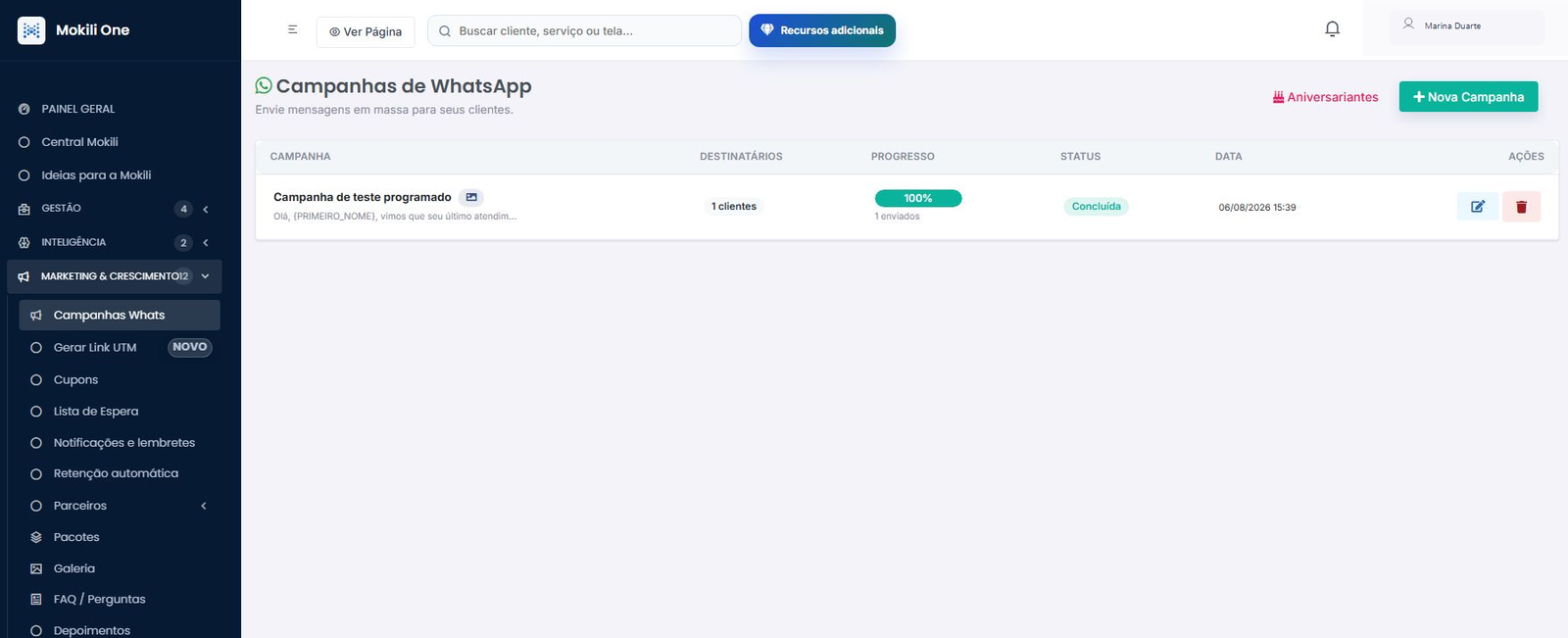 Tela atual completa da Mokili One para campanhas de relacionamento