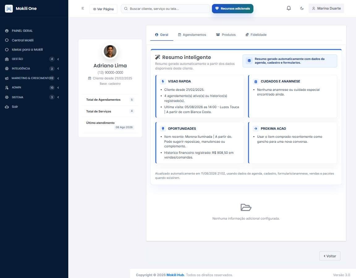 Perfil atual completo de cliente na Mokili One com resumo inteligente, histórico, cuidados, oportunidades e próxima ação