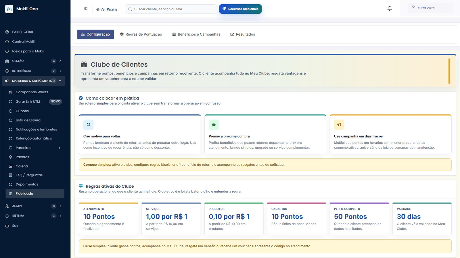 Tela atual completa do clube de fidelidade da Mokili One com regras, benefícios, campanhas e resultados