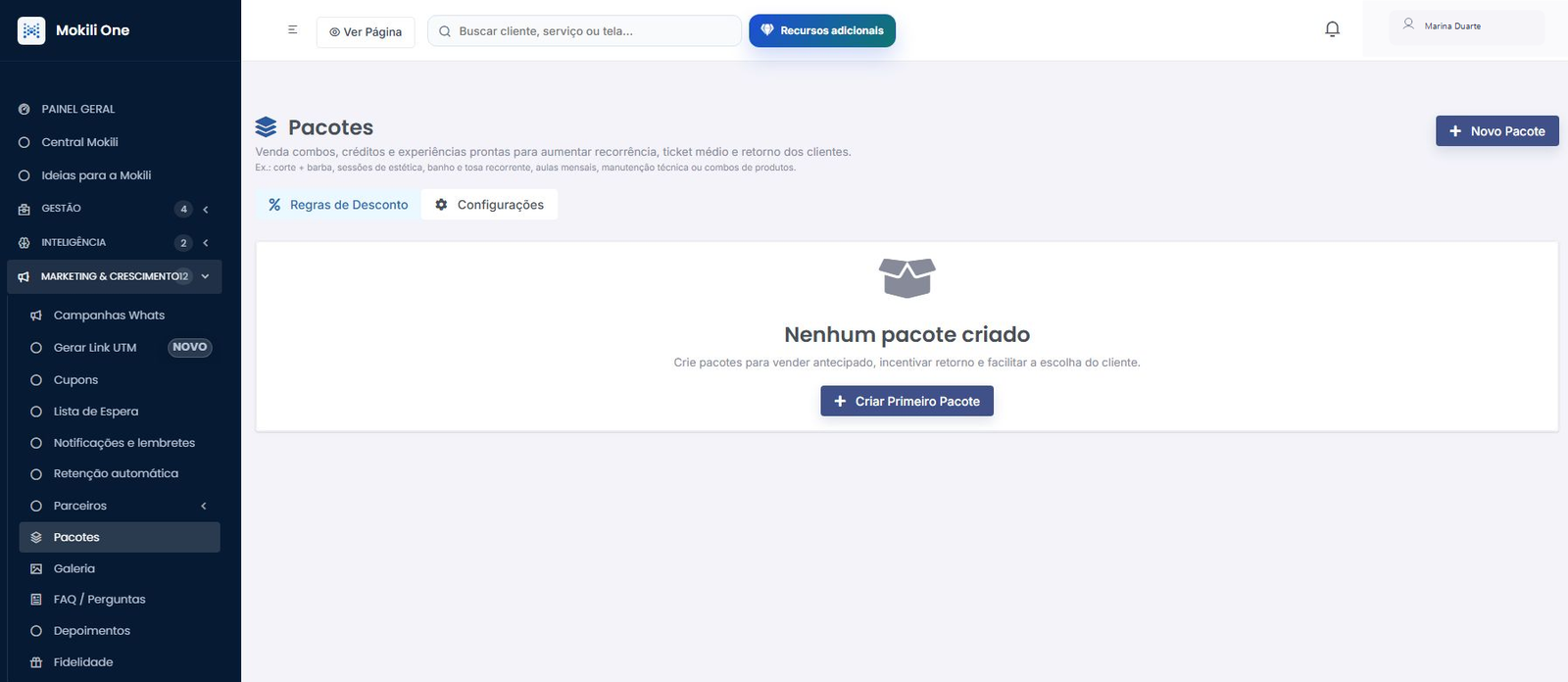 Tela atual completa da Mokili One para criação e gestão de pacotes