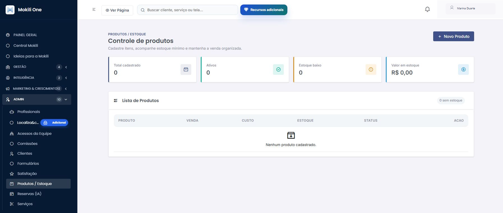 Tela atual completa da Mokili One para produtos e estoque