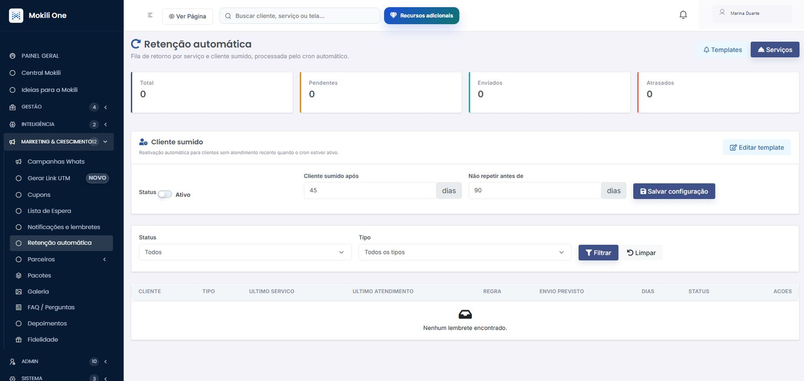Tela atual completa da Mokili One para automações de retenção e retorno