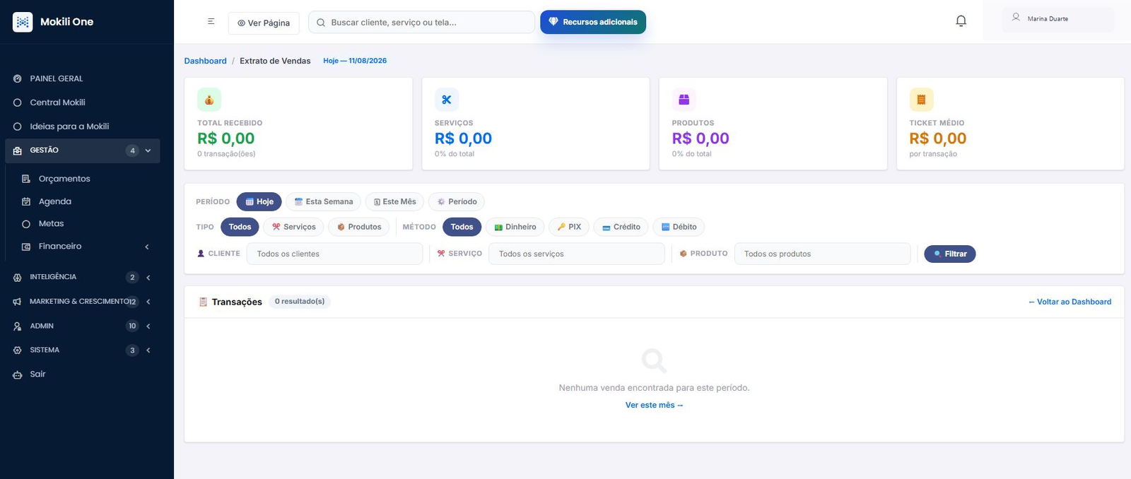 Extrato atual completo da Mokili One com vendas, serviços, produtos, formas de pagamento e filtros