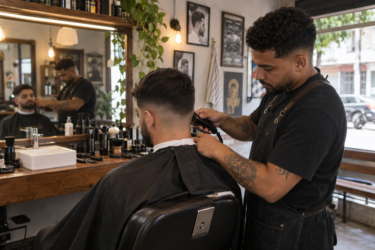 Barbeiro realizando um corte em uma barbearia