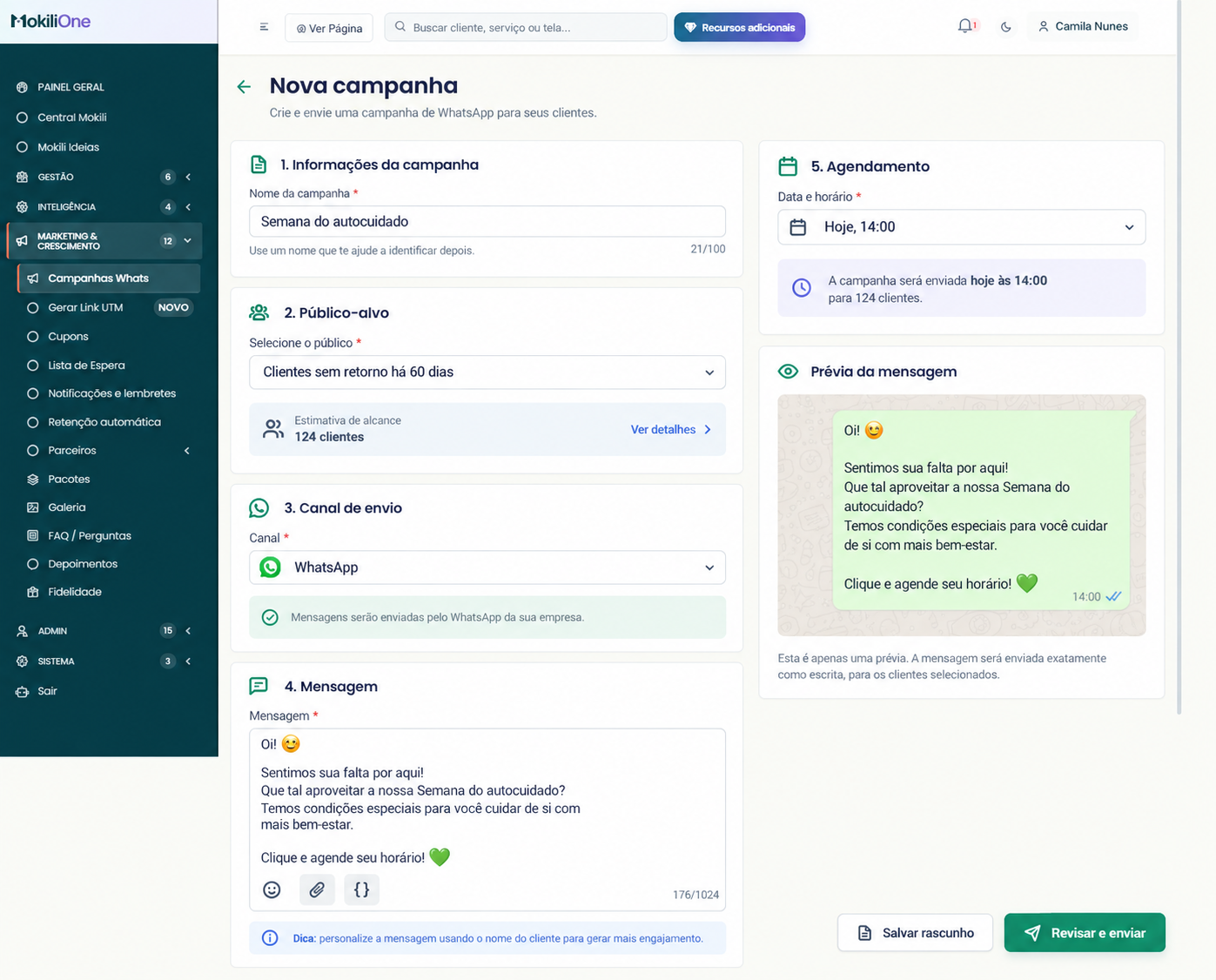 Tela de criação de campanha na Mokili One, com público, mensagem e agendamento