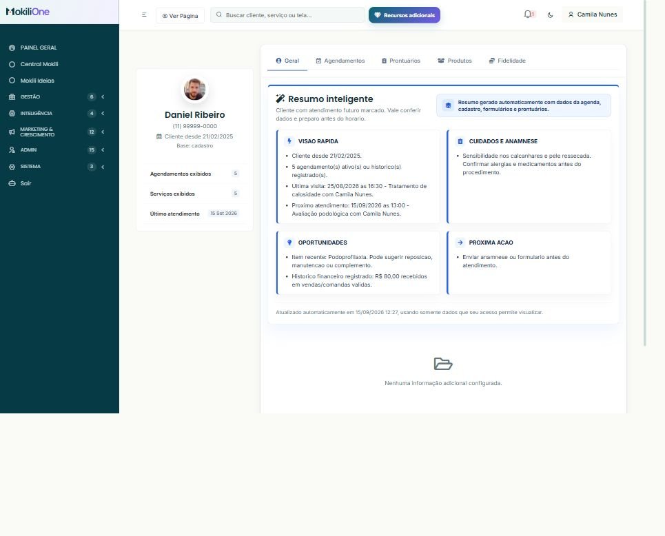 Perfil atual completo de cliente na Mokili One com resumo inteligente, histórico, cuidados, oportunidades e próxima ação