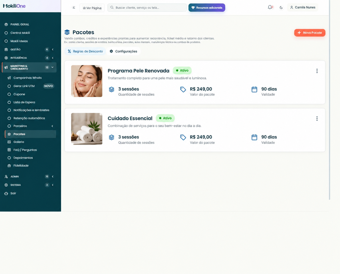 Pacotes criados na Mokili One, com sessões, valores, validade e status ativo
