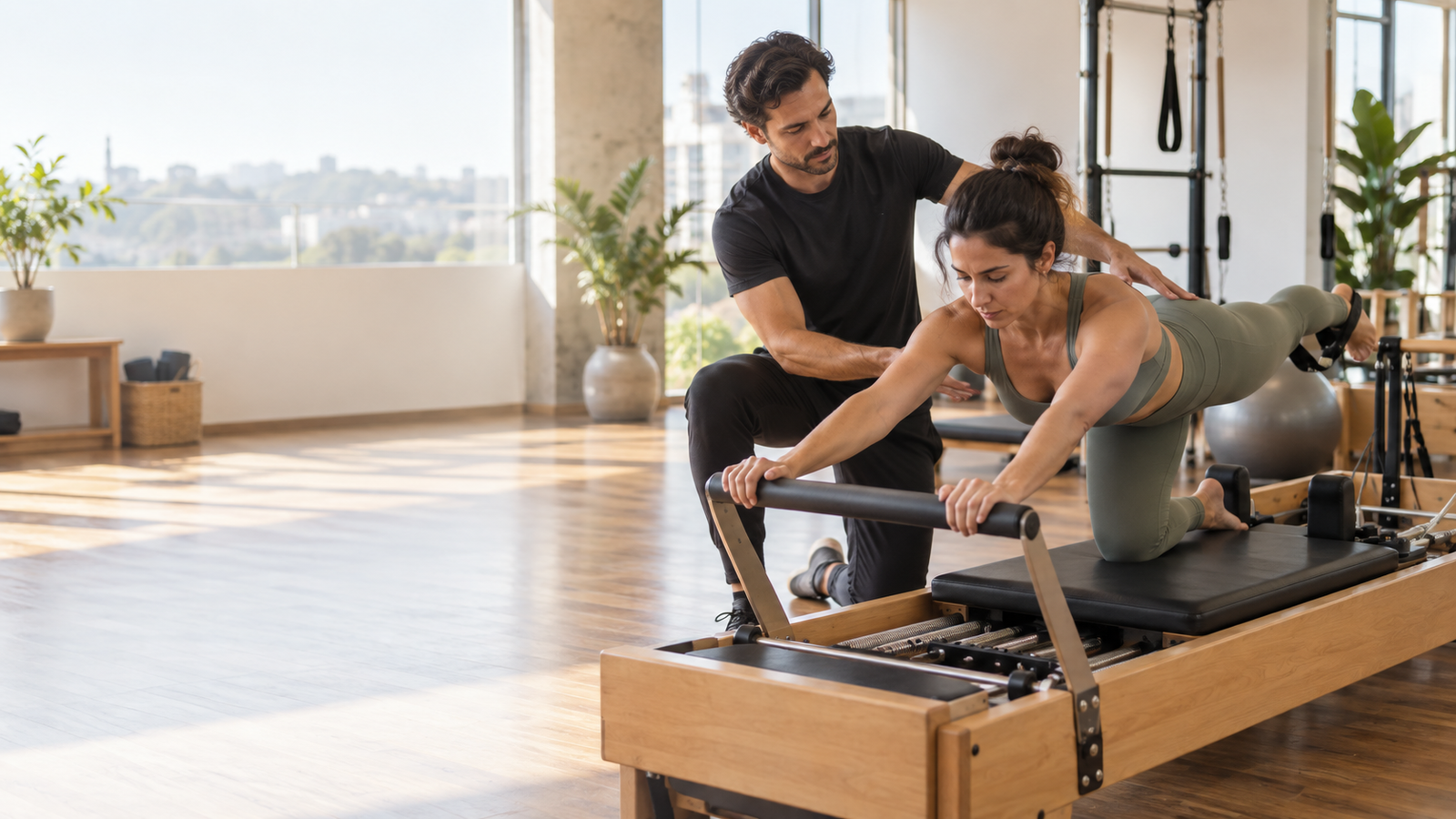 Instrutor de pilates acompanhando o movimento de uma aluna no estúdio
