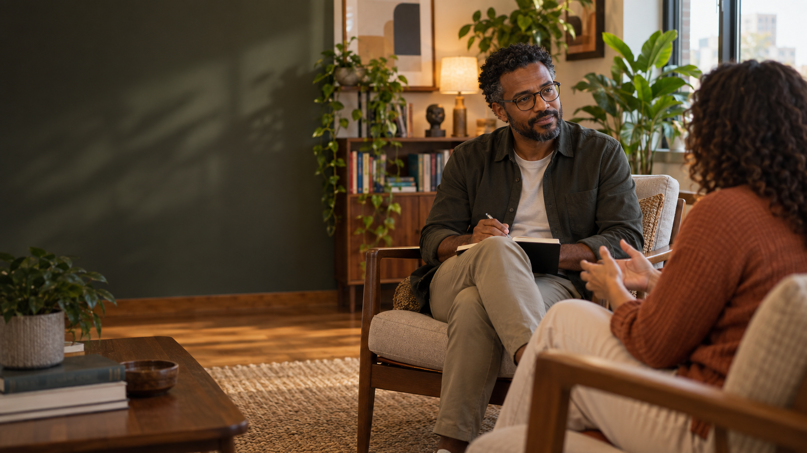 Psicólogo conversando com cliente em consultório acolhedor