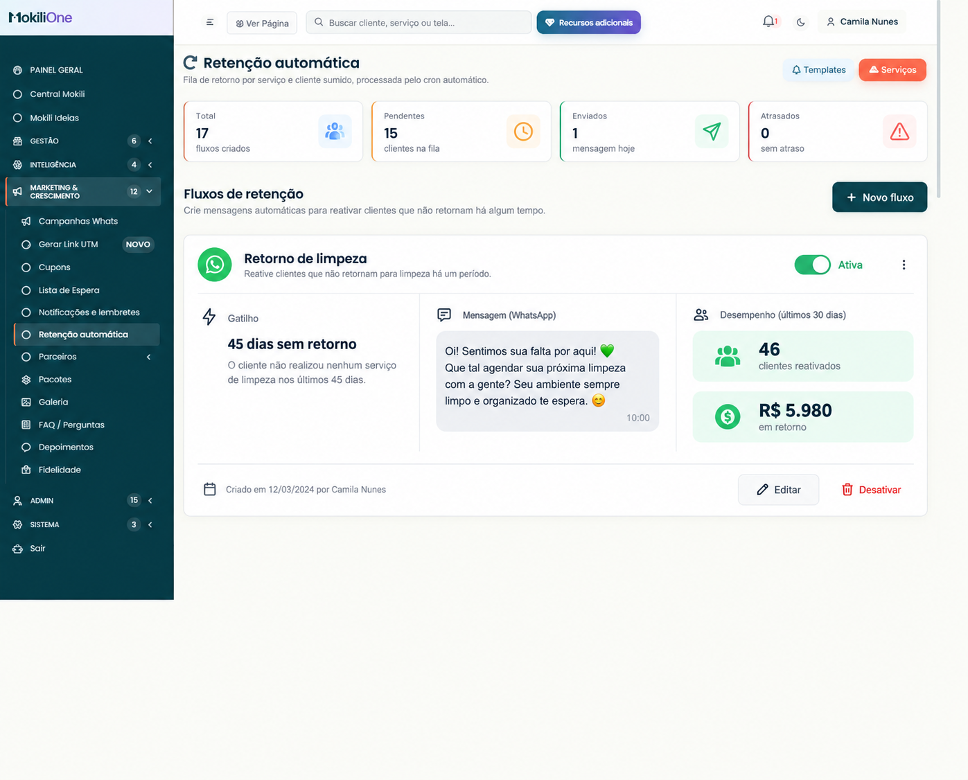 Fluxo de retenção automática ativo na Mokili One, com gatilho, mensagem e desempenho
